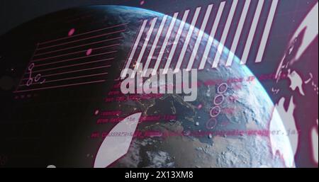 Immagine di globo, grafici e linguaggio informatico su globo rotante contro lo spazio Foto Stock