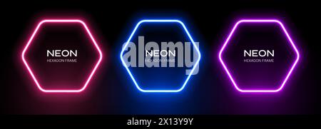 Telaio esagonale leggero al neon. Bagliore di forme su sfondo nero. Effetto gradiente laser blu, rosa e viola. Set vettoriale di striscioni fluorescenti. Illustrazione Vettoriale