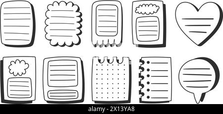 Collezione di adesivi per fogli di carta in stile fumetto, adesivi per appunti in bianco e nero. Inserimento creativo nel Journal e illustrazione per prendere appunti. Disegnato a mano ve Illustrazione Vettoriale