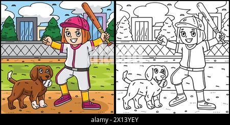 Ragazza che gioca a baseball con un'illustrazione di cane Illustrazione Vettoriale