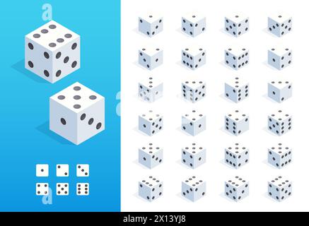Dadi isometrici. Lancio casuale in 3D di elementi di gioco del casinò, concetto di gioco d'azzardo e rischio, poker e risorse di gioco da tavolo craps. Set isolato vettoriale Illustrazione Vettoriale