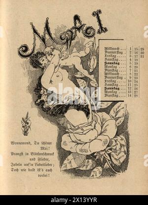 Cartone animato vintage per il mese di maggio, Woman Embracing cupid, Emerging from a rose, Love, German, 19th Century, 1889 Foto Stock