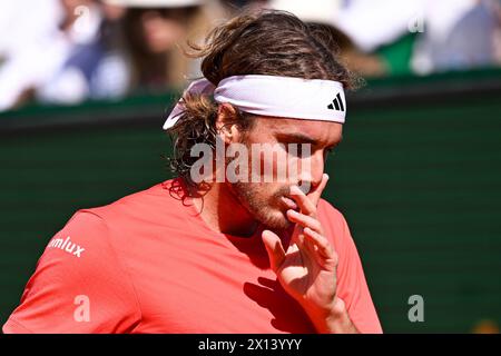 Roquebrune Cap Martin, Francia. 13 aprile 2024. Stefanos Tsitsipas durante il Rolex Monte-Carlo ATP Masters 1000 tennis il 13 aprile 2024 al Monte Carlo Country Club di Roquebrune Cap Martin, in Francia vicino a Monaco. Foto Victor Joly/DPPI credito: DPPI Media/Alamy Live News Foto Stock