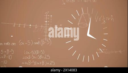 Immagine dell'orologio che si sposta su formule matematiche su sfondo beige Foto Stock