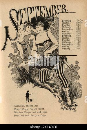 Fumetto d'epoca per il mese di settembre, donna in costume di caccia con balestra, cupido, amore, tedesco, XIX secolo, 1889 Foto Stock