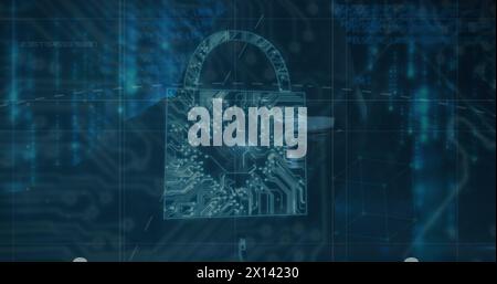 Immagine dell'icona del lucchetto di sicurezza e dell'elaborazione dei dati su un hacker maschio che utilizza un computer portatile Foto Stock