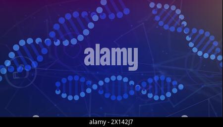 Immagine di filamenti di dna con elaborazione dei dati su una rete di connessioni Foto Stock