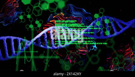 Immagine di filamenti di dna con elaborazione dei dati su strutture chimiche Foto Stock