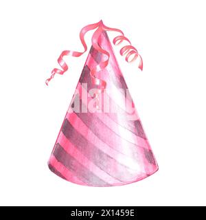 Cappello da festa con nastri rosa a righe acquerello disegnato a mano. Accessori festivi per feste di compleanno e feste per bambini. Isolato Foto Stock