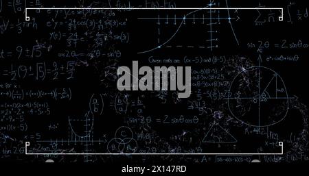 Immagine di equazioni matematiche su rete di connessioni su sfondo nero Foto Stock