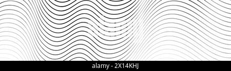 Linee nere ondulate che vanno da sottili a spesse. Onde striate disegnate con inchiostro. Sfondo geometrico astratto con struttura della superficie acquosa monocromatica. Vettore Illustrazione Vettoriale