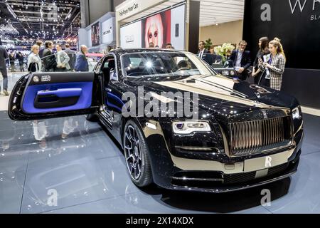 Rolls Royce Wraith Black Badge auto di lusso al 87° Salone Internazionale dell'automobile di Ginevra. Svizzera - 8 marzo 2017. Foto Stock