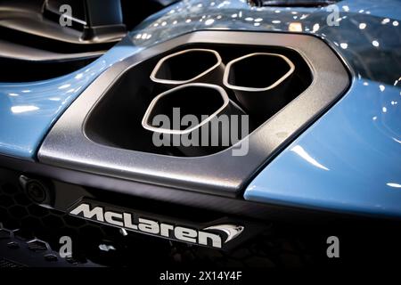 Scarico sulla vettura sportiva McLaren Senna al 88° Salone Internazionale dell'automobile di Ginevra. Svizzera - 6 marzo 2018 Foto Stock