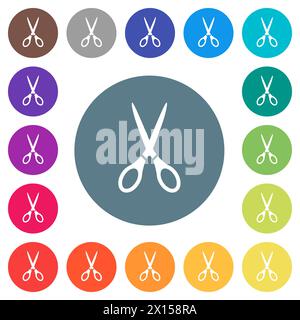 Forbici con icone bianche piatte su sfondi di colore rotondo. sono incluse 17 variazioni di colore dello sfondo. Illustrazione Vettoriale