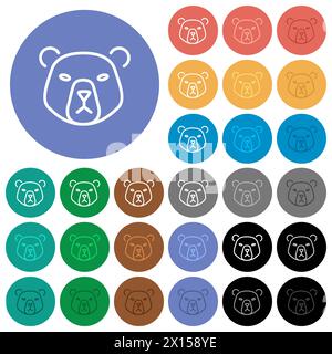 Icone piatte multicolore sulla testa degli orsi su sfondi rotondi. Sono incluse variazioni di icone bianche, chiare e scure per gli effetti di stato attivo e sospeso, A. Illustrazione Vettoriale