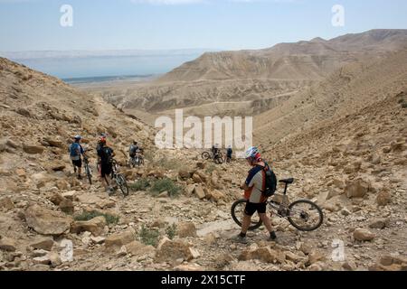 Gita in mountain bike nel deserto della Giudea, Israele Foto Stock