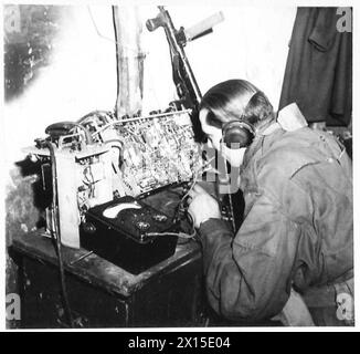 APPARECCHIATURE DI SEGNALAZIONE DELL'ESERCITO - strumenti meccanici che riparano un set 22 wireless. (L/cpl Maynard of 49 Bristol Road, Leyton) British Army, 21st Army Group Foto Stock