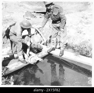 Il personale dell'esercito britannico aziona una pompa dell'acqua in un torrente vicino ad Anzio, utilizzando la filtrazione per garantire l'approvvigionamento di acqua pulita per le truppe. Foto Stock