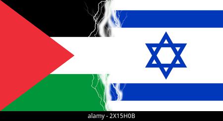 Effetto fulmini tra le bandiere di Israele e Hamas. Israele e Hamas attaccano, simbolo di guerra a Gaza Foto Stock