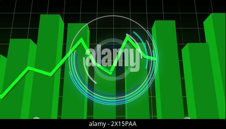 Immagine dello scanner rotondo su elaborazione dati statistici su sfondo verde Foto Stock