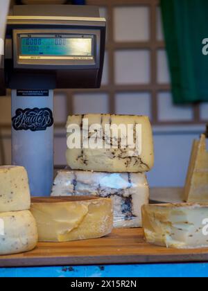 Cremona, Italia - 12 aprile 2024 produttori regionali e specializzati di formaggio italin e venditori di bancarelle in caseificio Street festival in primavera Foto Stock