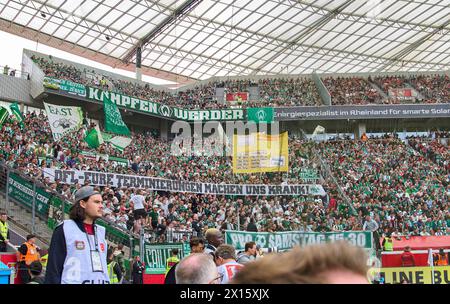 I tifosi del Werder manifestano contro la DFL e il tempo di incontro prima del match BAYER 04 LEVERKUSEN - SV WERDER BREMA 5-0 il 14 aprile 2024 a Leverkusen, in Germania. Stagione 2023/2024, 1.Bundesliga, giorno di partita 29, 29.Spieltag fotografo: Immagini ddp / STAR-images - LE NORMATIVE DFL VIETANO QUALSIASI USO DI FOTOGRAFIE come SEQUENZE DI IMMAGINI e/o QUASI-VIDEO - Foto Stock