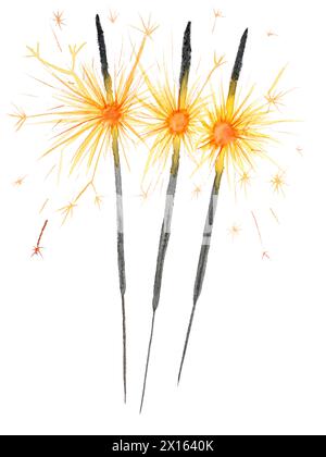Illustrazione ad acquerello con tre scintillanti brucianti isolati su sfondo bianco. Acquerello disegnato a mano buon compleanno, biglietto d'auguri di Natale, cartolina. Foto Stock
