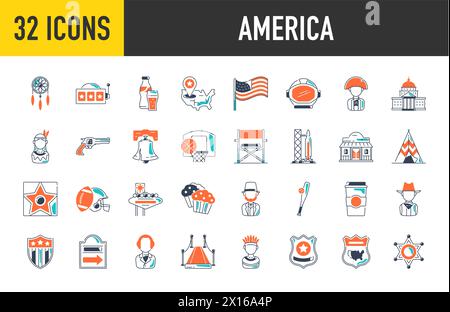 American Icons, Culture Signs of the USA, Traditions of America, US Life, National Objects of USA Vector Illustration. Illustrazione Vettoriale