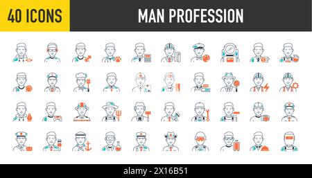 Set di icone professioni. Professioni, lavoratori, avvocato, Chef, Dottore, sviluppatore, scienziato, agricoltore, imprenditore. Icona delle illustrazioni vettoriali isolate. Illustrazione Vettoriale