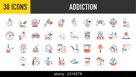 Set di icone di dipendenza. icona educazione continua ed etica per l'app web. Includono casinò, alcol, bellezza, gioco, tatuaggio, cibo, soldi, palestra e molto altro ancora. Illustrazione Vettoriale