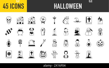 Icona di Halloween. includi mostri come angolo di morte, dracula, maschera di assassino, pipistrello e fantasma carino, casa abbandonata, gufo, candela, gatto nero, caramelle. Illustrazione Vettoriale
