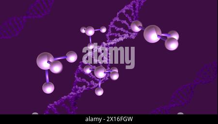 Immagine di molecole e filamenti di dna su sfondo viola Foto Stock