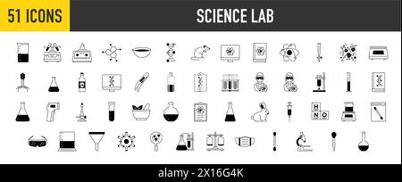 Laboratorio scientifico e segni di prevenzione delle malattie. Sanità medica, icone dei medici. Formula chimica, ricerca medico, chimica test di laboratorio icone. Illustrazione Vettoriale