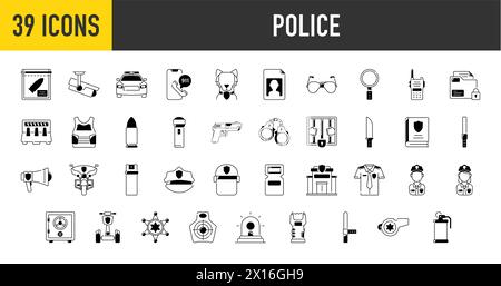 Set di icone della polizia. Contenente auto, cane, pistola, stazione di polizia, walkie talkie, icone bici, manette e chiamate di emergenza. Collezione di icone piene. Illustrazione Vettoriale