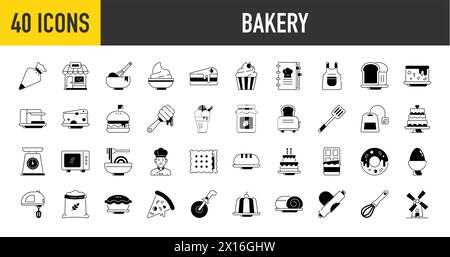 Icone dei prodotti da forno. Set di icone per applicazioni e Web sottile minimo. Semplice illustrazione vettoriale. Illustrazione Vettoriale