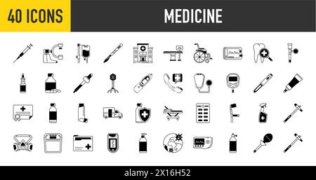 Serie semplice di icone della linea vettoriale correlate a Medicina. Contiene icone come gel, inalatore, prescrizione, sciroppo e altro ancora. Illustrazione Vettoriale