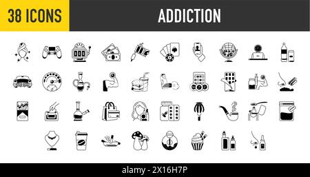 Set di icone di dipendenza. icona educazione continua ed etica per l'app web. Includono casinò, alcol, bellezza, gioco, tatuaggio, cibo, soldi, palestra e molto altro ancora. Illustrazione Vettoriale