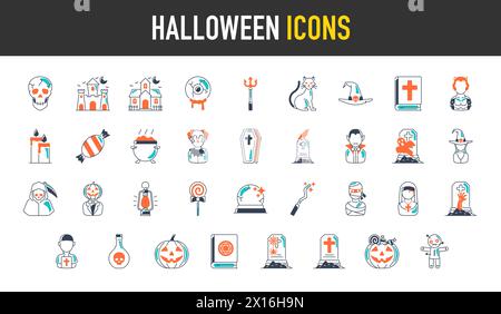 Icona di Halloween. includi mostri come angolo di morte, dracula, maschera di assassino, pipistrello e fantasma carino, casa abbandonata, gufo, candela, gatto nero, caramelle. Illustrazione Vettoriale