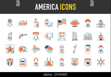 American Icons, Culture Signs of the USA, Traditions of America, US Life, National Objects of USA Vector Illustration. Illustrazione Vettoriale