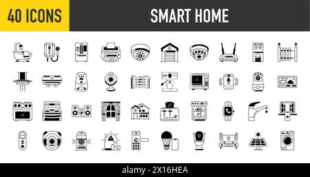 Raccolta di icone della casa intelligente. controllo dell'illuminazione, del riscaldamento, dell'aria condizionata. Set di simboli di automazione domestica e monitoraggio remoto disegnati. Vettore. Illustrazione Vettoriale