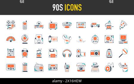 Set di icone vettoriali retro anni '90. Come pizza, televisione, cellulare, cuffie, sveglia, illustrazione dell'icona radio, microfono, telecamera e altro ancora. Illustrazione Vettoriale