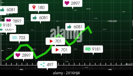 Immagine delle barre di notifica sopra i grafici e dei numeri che cambiano rispetto allo sfondo astratto Foto Stock