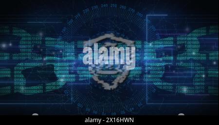 Immagine dei punti di collegamento sul lucchetto di sicurezza e sull'icona a catena su sfondo blu Foto Stock