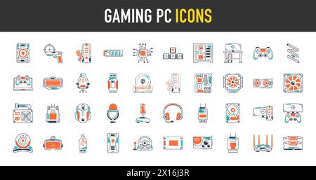 Semplice set di icone vettoriali per PC da gioco. Contiene icone come custodia, scheda grafica , SSD, computer, scheda madre e altro ancora. Illustrazione Vettoriale