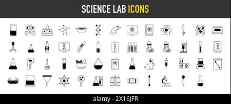 Laboratorio scientifico e segni di prevenzione delle malattie. Sanità medica, icone dei medici. Formula chimica, ricerca medico, chimica test di laboratorio icone. Illustrazione Vettoriale