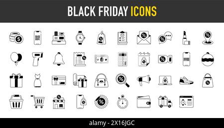 Set di icone degli sconti del Black friday. Shopping ed e-commerce, carrello, sconto, regalo, saldi festività, immagine del portafoglio, del negozio e di altre icone vettoriali. Illustrazione Vettoriale