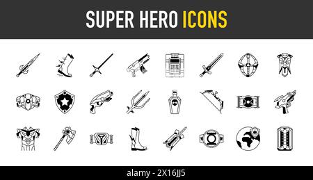 Icona Super Hero in stile sottile. Contiene icone come pistola ad acqua, paintball, pistola, soldato, arma, sottomarino, Spada, radioattivo, medievale, Mace. Illustrazione Vettoriale