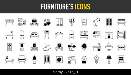Set di icone relative a mobili per la casa, appiliance e decorazioni. Raccolta icone. Illustrazione vettoriale Illustrazione Vettoriale