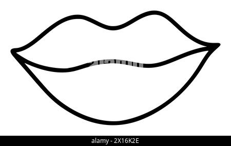 Icona delle labbra disegnate a mano in semplice stile doodle. Donna bocca con linee. Organi SENSE dal design monocromatico Illustrazione Vettoriale