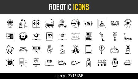 Icone robotiche. Set di icone con apprendimento automatico, cervello, ai, testa, macchina, tecnologia, intelligenza artificiale e altro ancora. Illustrazione Vettoriale